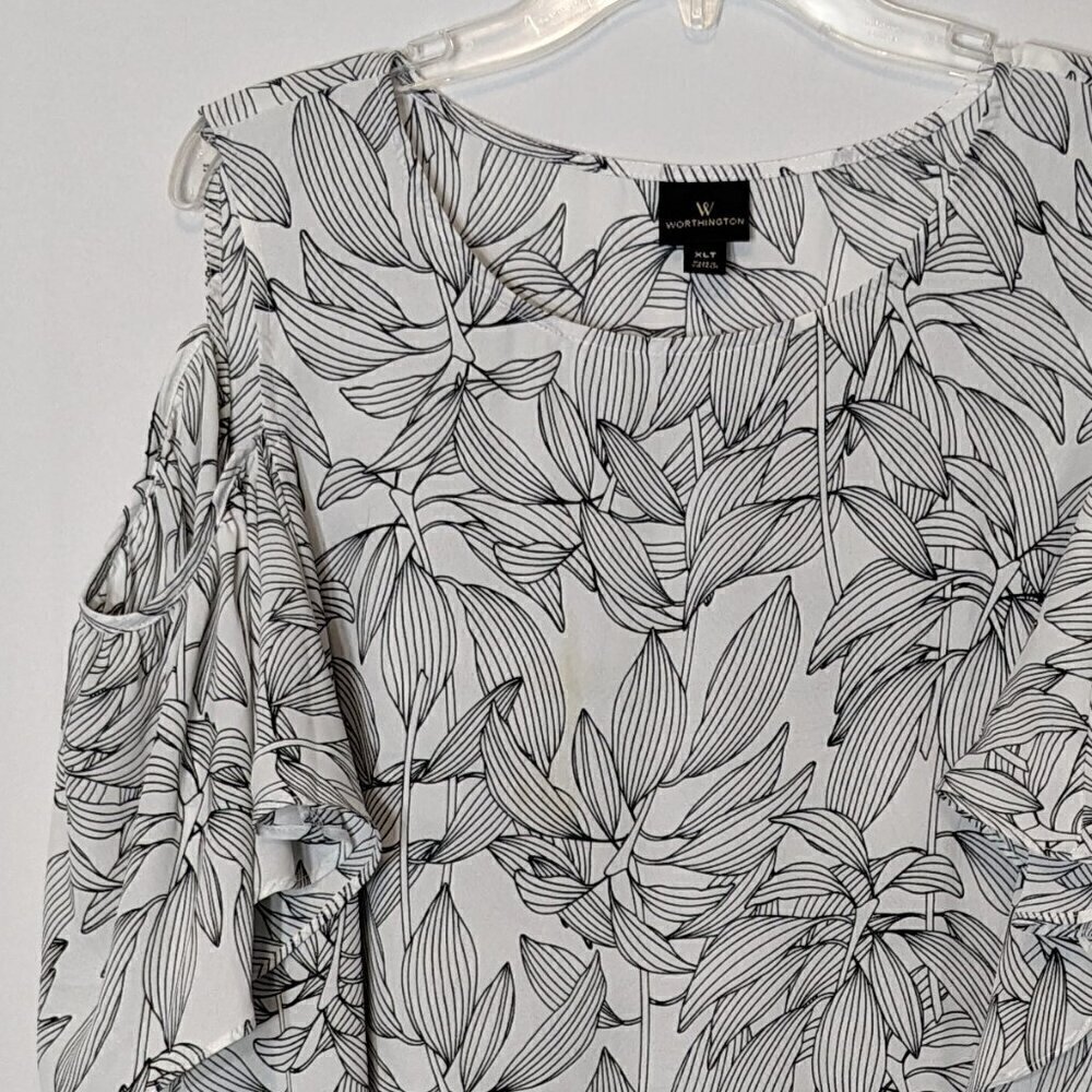 Women's WORTHINGTON, White/Black Floral, Cold Shoulder Chiffon Tunic; Size XLT